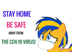 Size: 1135x824 | Tagged: safe, artist:mlpfan3991, oc, oc only, oc:flare spark, pegasus, pony, g4, coronavirus, covering mouth, covid-19, crying, mask, ppe, simple background, solo, stay at home, surgical mask, transparent background
