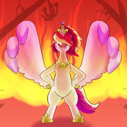Size: 1000x1000 | Tagged: safe, artist:kushina13, princess cadance, alicorn, pony, g4, belly, belly button, bipedal, butt wings, female, fire, hooves, hooves on hips, large wings, looking at you, mare, messy mane, messy tail, oversized wings, round belly, solo, thin, wing hands, wings