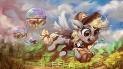 Size: 1920x1080 | Tagged: safe, artist:assasinmonkey, derpy hooves, pegasus, pony, anvil, bubble, cute, derpabetes, derpy physics, digital art, digital painting, female, fence, flying, happy, mailmare, mare, open mouth, package, smiling, solo, spread wings, wings
