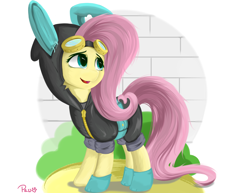 Size: 4096x3154 | Tagged: safe, artist:xxpaw2001xx, fluttershy, pegasus, pony, g4, bunny ears, clothes, costume, cute, dangerous mission outfit, female, goggles, high res, hoodie, mare, shyabetes, solo