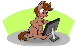 Size: 3900x2400 | Tagged: safe, artist:blazing_beams, oc, oc only, oc:coffee, pony, unicorn, drawing, high res, male, monitor, simple background, sitting, solo, stallion, transparent background