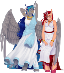 Size: 2358x2715 | Tagged: safe, artist:rubyflank, artist:techno-universal, oc, oc only, oc:ruby flank, oc:techno universal, alicorn, unicorn, anthro, unguligrade anthro, alicorn oc, anthro oc, armpits, clothes, dress, duo, ear piercing, earring, female, glasses, high res, horn, jewelry, mare, piercing, simple background, transparent background