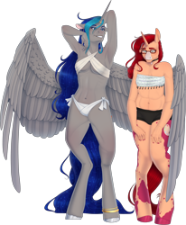 Size: 2240x2715 | Tagged: safe, artist:rubyflank, artist:techno-universal, oc, oc only, oc:ruby flank, oc:techno universal, alicorn, unicorn, anthro, unguligrade anthro, alicorn oc, anthro oc, armpits, bikini, bikini bottom, bocas top, boyshorts, clothes, duo, ear piercing, earring, female, glasses, high res, horn, jewelry, mare, panties, piercing, simple background, swimsuit, transparent background, underwear
