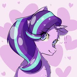 Size: 1024x1024 | Tagged: safe, artist:starlight_2893, starlight glimmer, pony, unicorn, g4, cheek fluff, chest fluff, cute, exclamation point, female, glimmerbetes, heart, looking at you, looking back, pink background, simple background, smiling, solo