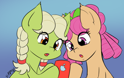 Size: 1000x633 | Tagged: safe, artist:empyu, apple rose, granny smith, earth pony, pony, g4, apple (company), bow, duo, female, hair bow, iphone, mare, open mouth, phone, young apple rose, young granny smith, younger