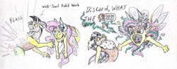 Size: 1024x400 | Tagged: safe, artist:grimmyweirdy, discord, fluttershy, draconequus, comic:cosmic cosmos, g4, angry, draconequified, flutterequus, fluttershy is not amused, just no, species swap, teleportation, traditional art, unamused, yay