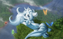 Size: 3200x2000 | Tagged: safe, artist:shido-tara, oc, oc only, alicorn, butterfly, pony, alicorn oc, blue eyes, cloud, commission, grass, high res, horn, lying down, mountain, river, watching in camera, wood