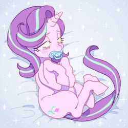 Size: 2048x2048 | Tagged: dead source, safe, artist:chapaghettii, starlight glimmer, pony, unicorn, g4, bed, female, high res, hooves to the chest, lidded eyes, lying down, on back, pacifier, solo, three quarter view