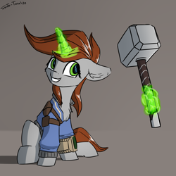 Size: 1700x1700 | Tagged: safe, artist:shido-tara, oc, oc only, oc:littlepip, pony, unicorn, fallout equestria, chest fluff, clothes, crossover, ear fluff, fanfic, fanfic art, female, glowing horn, gray background, grin, hammer, hooves, horn, jumpsuit, levitation, magic, mare, mjölnir, pipbuck, simple background, sitting, smiling, solo, telekinesis, vault suit, war hammer, worthy