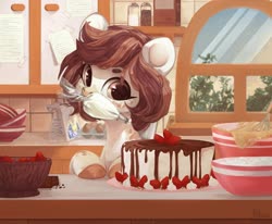 Size: 1887x1552 | Tagged: safe, artist:graypillow, oc, oc only, pony, cake, cooking, food, icing bag, kitchen, mouth hold, solo