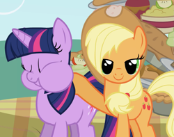 Size: 1321x1043 | Tagged: safe, screencap, applejack, twilight sparkle, earth pony, pony, unicorn, friendship is magic, g4, cheek bulge, cropped, dilated pupils, duo, eyes closed, female, food, full mouth, hoof on back, looking at you, mare, stack, sweet apple acres, unicorn twilight