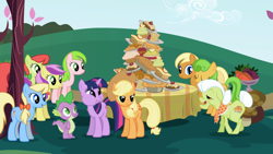 Size: 1920x1080 | Tagged: safe, screencap, applejack, granny smith, spike, twilight sparkle, dragon, earth pony, pony, unicorn, friendship is magic, g4, cheek bulge, sweet apple acres, unicorn twilight