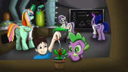 Size: 2377x1348 | Tagged: safe, artist:cactuscowboydan, spike, oc, oc:princess mythic majestic, oc:princess sincere scholar, oc:queen galaxia (bigonionbean), oc:tommy the human, alicorn, dragon, human, pony, g4, alicorn oc, alicorn princess, butt, cactus, canterlot, cauldron, chalkboard, clothes, commissioner:bigonionbean, cute, cutie mark, droplet, equation, female, flank, fusion, fusion:cheerilee, fusion:fluttershy, fusion:ms. harshwhinny, fusion:princess cadance, fusion:princess celestia, fusion:princess luna, fusion:rarity, fusion:spitfire, fusion:starlight glimmer, fusion:trixie, fusion:twilight sparkle, fusion:zecora, gemstones, glasses, goggles, hair bun, horn, human oc, lab coat, laboratory, magic, male, mare, math, mother and child, mother and son, plant, plot, potion, potion making, potions, vial, writer:bigonionbean