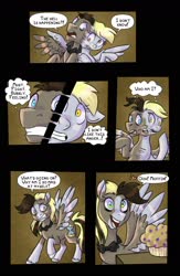 Size: 1280x1968 | Tagged: safe, artist:jitterbugjive, derpy hooves, doctor whooves, time turner, oc, oc:butter muffin, pegasus, pony, ask discorded whooves, g4, argument, button, collar, comic, commissioner:bigonionbean, concerned, confused, confusion, conjoined, crossover, dialogue, discord whooves, discorded whooves, doctor who, female, food, forced, fused, fusion, fusion:butter muffin, magic, male, mare, merge, muffin, stallion, talking to herself, tardis, tardis console room, tardis control room, the doctor, we have become one, writer:bigonionbean