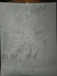 Size: 1944x2592 | Tagged: safe, artist:princebluemoon3, cosmos, discord, oc, draconequus, comic:the chaos within us, g4, argument, black and white, bored, canterlot, canterlot castle, captive, chaos, comic, commissioner:bigonionbean, confused, dialogue, drawing, dream, female, furious, giantess, grayscale, macro, magic, monochrome, night, nightmare, shocked, shocked expression, squeezing, throne room, traditional art, twitch, unamused, writer:bigonionbean, yelling