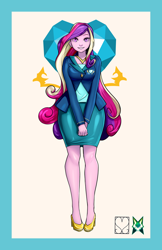 Size: 828x1280 | Tagged: safe, artist:srasomeone, part of a set, dean cadance, princess cadance, equestria girls, g4, breasts, busty princess cadance, clothes, cutie mark background, female, high heels, jacket, jewelry, latex, looking at you, necklace, shiny, shoes, simple background, skirt, solo, white background
