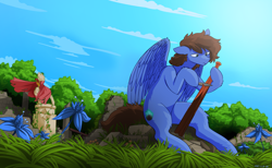 Size: 4500x2771 | Tagged: safe, artist:the-minuscule-task, oc, oc only, oc:bizarre song, pegasus, pony, cape, carving, clothes, colored, cutie mark, everfree forest, folded wings, grass, knife, messy mane, pillar, poison joke, ruins, sitting, sky, solo, statue, wings, wood