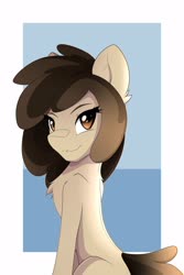 Size: 2000x3000 | Tagged: safe, artist:slicksweep, artist:sweepart, oc, oc only, oc:louvely, earth pony, pony, brown eyes, chest fluff, female, high res, looking at you, looking over shoulder, mare, simple background, sitting