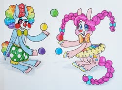 Size: 1280x953 | Tagged: safe, artist:ask-pinkie-polkadot-pie, pinkie pie, rainbow dash, pony, tumblr:ask-pinkie-polkadot-pie, g4, clown, clown makeup, juggling, traditional art