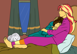 Size: 1200x833 | Tagged: safe, artist:linedraweer, sunset shimmer, oc, oc:elvis, equestria girls, g4, barefoot, bed, brother and sister, commission, cuddling, eyes closed, feet, female, hug, male, plushie, siblings, snuggling, window