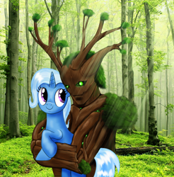 Size: 1000x1018 | Tagged: safe, artist:aprion, trixie, oc, ent, pony, unicorn, g4, fanfic art, female, forest, hug, mare, smiling, treant, tree