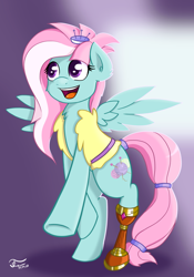 Size: 2100x3000 | Tagged: safe, artist:thunder chaser, kerfuffle, pegasus, pony, g4, my little pony: rainbow roadtrip, amputee, belt, chest fluff, clothes, cute, ear fluff, female, fufflebetes, happy, high res, open mouth, prosthetic limb, prosthetics, simple background, solo, spread wings, vest, wings
