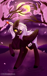 Size: 1560x2500 | Tagged: safe, artist:ohhoneybee, oc, oc only, oc:cloudy night, pegasus, pony, cherry blossoms, female, flower, flower blossom, mare, moon, solo