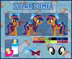 Size: 1920x1600 | Tagged: safe, artist:angelina-pax, oc, oc only, oc:solar comet, changeling, pegasus, pony, bandana, bow, changeling oc, clothes, disguise, disguised changeling, eyelashes, male, pacifier, pegasus oc, reference sheet, ribbon, solo, stallion, trap