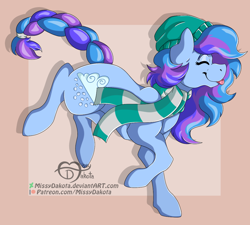 Size: 1124x1012 | Tagged: safe, artist:missydakota, oc, oc only, oc:hailstorm, pony, braided tail, clothes, eyes closed, hat, scarf, solo, tongue out