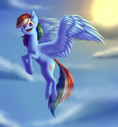 Size: 3494x3750 | Tagged: safe, artist:spirit-1, rainbow dash, pony, g4, female, flying, high res, sky, solo, sun