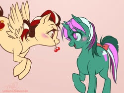 Size: 800x600 | Tagged: safe, artist:luniara, fizzy, oc, oc:loyal heart, pegasus, pony, unicorn, g1, blushing, bow, cherry, duo, eye contact, female, food, looking at each other, mare, mouth hold, open mouth, simple background, tail bow