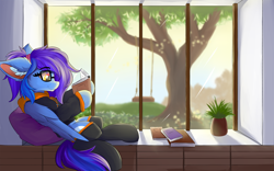 Size: 1920x1200 | Tagged: safe, artist:lunar froxy, oc, oc only, oc:angley, pegasus, pony, book, clothes, cozy, cutie mark, ear fluff, glasses, hoodie, lying down, on back, pillow, plant, ponytail, reading, socks, solo, swing, tree, window, wings