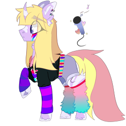 Size: 2500x2500 | Tagged: safe, artist:bublebee123, oc, oc only, oc:stardust serenade, pony, unicorn, icey-verse, belt, bottomless, clothes, curved horn, ear piercing, earring, female, high res, hoodie, horn, jewelry, leg warmers, magical lesbian spawn, makeup, mare, markings, multicolored hair, offspring, parent:fuchsia blush, parent:lavender lace, parents:fuchsiavender, partial nudity, piercing, raised hoof, shirt, shorts, simple background, solo, transparent background