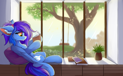 Size: 1920x1200 | Tagged: safe, alternate version, artist:lunar froxy, oc, oc only, oc:angley, pegasus, pony, book, cozy, cutie mark, ear fluff, lying down, on back, pillow, plant, ponytail, reading, solo, swing, tree, window, wings