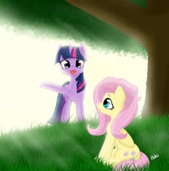Size: 1280x1294 | Tagged: safe, artist:hrukii, fluttershy, twilight sparkle, alicorn, pegasus, pony, g4, crepuscular rays, cute, duo, female, folded wings, grass, greeting, hello, looking at each other, mare, open mouth, outdoors, raised hoof, shyabetes, sitting, smiling, standing, tree, twiabetes, twilight sparkle (alicorn), under the tree, wings
