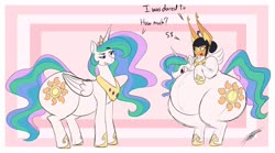 Size: 4096x2273 | Tagged: safe, artist:thespacepon3, princess celestia, oc, pony, g4, chubby, chubbylestia, clothes, costume, fat, hip, huge belly, ponysuit, sunbutt