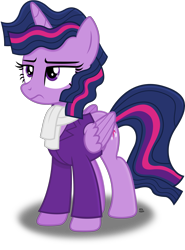 Size: 1992x2696 | Tagged: safe, artist:anime-equestria, twilight sparkle, alicorn, pony, g4, alternate hairstyle, clothes, female, frown, horn, mare, scarf, simple background, solo, suit, transparent background, twilight sparkle (alicorn), vector, wings