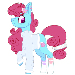 Size: 2500x2500 | Tagged: safe, artist:bublebee123, bluebonnet, earth pony, pony, icey-verse, g4, alternate hairstyle, clothes, commission, ear piercing, earring, female, flower, flower in hair, heart eyes, high res, jewelry, mare, mismatched socks, piercing, raised hoof, redesign, simple background, socks, solo, striped socks, sweater, transparent background, wingding eyes