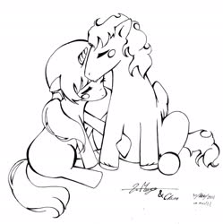 Size: 2235x2243 | Tagged: safe, artist:la-monge, oc, oc only, pony, unicorn, black and white, blush sticker, blushing, cute, grayscale, high res, monochrome, nuzzling