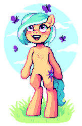 Size: 508x779 | Tagged: safe, artist:hikkage, oc, oc only, oc:mango foalix, butterfly, pegasus, pony, commission, pixel pony, solo