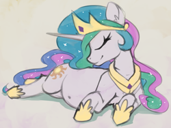 Size: 1821x1372 | Tagged: safe, artist:marsminer, princess celestia, alicorn, pony, g4, belly, belly button, big belly, content, crown, ethereal mane, eyes closed, female, jewelry, mare, momlestia, preglestia, pregnant, regalia, sensibly-proportioned pregnancy, simple background, smiling, solo