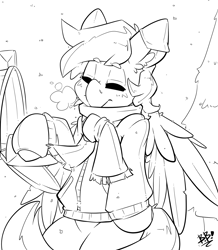 Size: 1743x2000 | Tagged: safe, artist:bbsartboutique, oc, oc only, oc:crisom chin, pegasus, pony, black and white, clothes, earmuffs, gloves, grayscale, mail, mailbox, monochrome, patreon, patreon reward, scarf, sketch, snow, solo, sweater, tree, wings