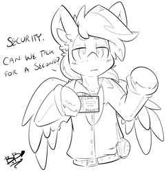 Size: 1778x1847 | Tagged: safe, artist:bbsartboutique, oc, oc only, oc:crisom chin, pegasus, pony, semi-anthro, arm hooves, badge, belt, black and white, clothes, grayscale, male, monochrome, patreon, patreon reward, radio, security guard, shirt, sketch, solo, stallion, uniform, unshorn fetlocks, wings