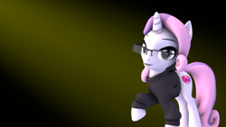 Size: 886x498 | Tagged: safe, artist:melbournesfm, sweetie belle, pony, unicorn, g4, growing up is hard to do, 3d, clothes, female, glasses, gradient background, looking at you, mare, simple background, solo, source filmmaker