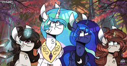 Size: 2400x1250 | Tagged: safe, artist:jxst-starly, princess celestia, princess luna, oc, oc:aren, oc:xion, alicorn, pony, unicorn, g4, book, forest, horn, leaves, magic, next generation, teaser, tree, unicorn oc