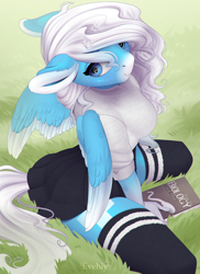 Size: 900x1238 | Tagged: safe, artist:evehly, oc, oc only, oc:icy heart, pegasus, anthro, adorasexy, anthro oc, big breasts, biology, book, breasts, clothes, colored wings, cute, female, kneeling, mare, sexy, sitting, smiling, socks, solo, sperm cell, textbook, thigh highs, two toned wings, wings, ych result, zettai ryouiki