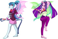 Size: 1292x857 | Tagged: safe, artist:limedazzle, edit, editor:thomasfan45, aria blaze, sonata dusk, human, equestria girls, g4, alecto, ariabetes, bare shoulders, barefoot, clothes, crossover, cute, disguise, disguised siren, duo, face tattoo, feet, fin wings, furies, gem, hades (game), legs, megaera, show accurate, simple background, siren gem, skirt, sleeveless, smiling, sonatabetes, strapless, vector, whip, white background, wings