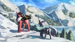 Size: 2560x1440 | Tagged: safe, artist:nsilverdraws, oc, oc only, oc:queen venyx, oc:red flux, changeling, moth, mothling, original species, lake, male, mountain, red changeling, scenery, scenery porn, snow, tree, white changeling