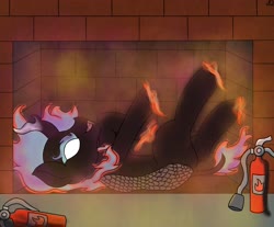 Size: 2488x2061 | Tagged: safe, artist:snow quill, kirin, nirik, female, fire extinguisher, fireplace, high res, on back, solo