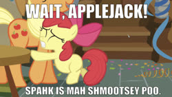 Size: 1220x687 | Tagged: safe, edit, edited screencap, editor:undeadponysoldier, screencap, apple bloom, applejack, earth pony, pony, call of the cutie, g4, bleh, bow, caption, confetti, cute, episode reference, female, filly, hair bow, image macro, implied shipping, implied spike, implied spikebloom, implied straight, mare, meme, reaching, sweat, text, wubby dubby talk
